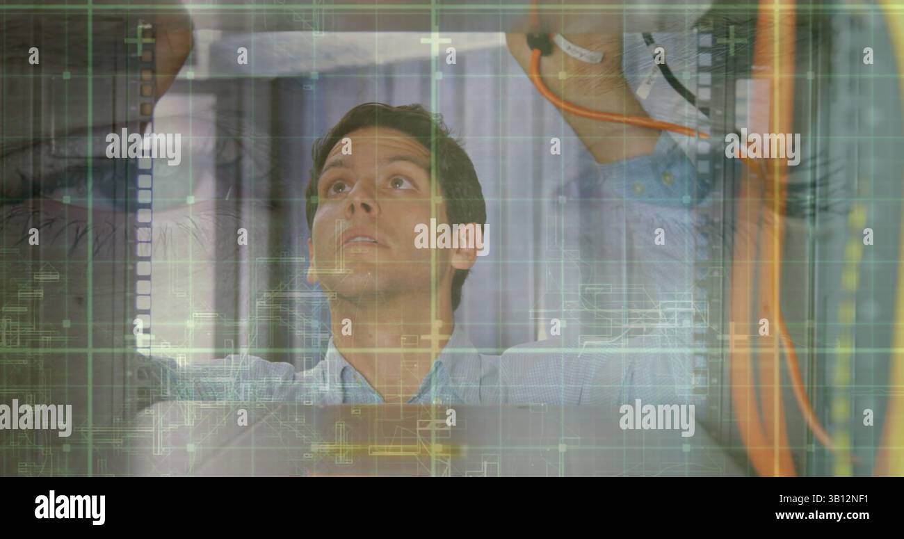 Image of data processing over computer servers and caucasian male it engineer Stock Photo