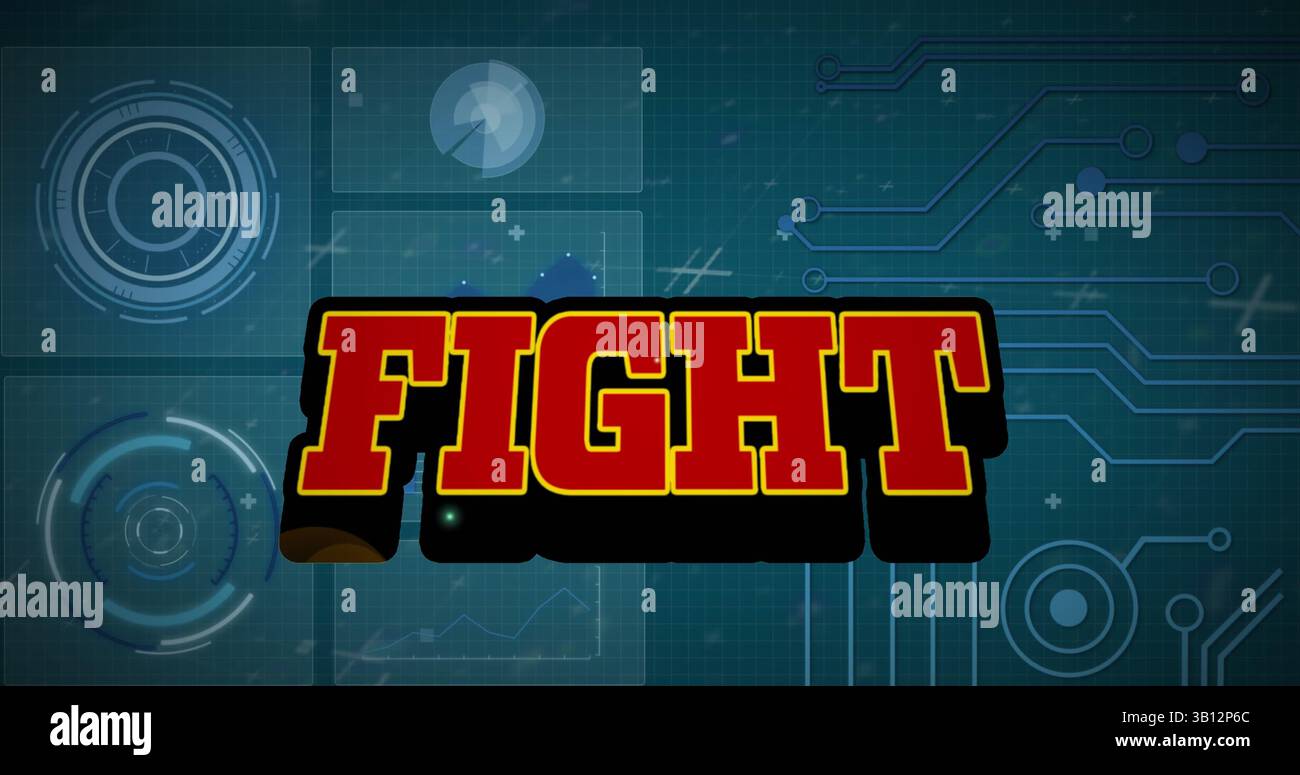 Image of fight text over scope scanning and data processing Stock Photo