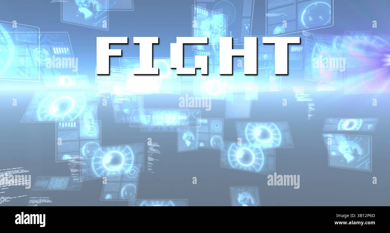 Image of fight text over scope scanning and data processing Stock Photo