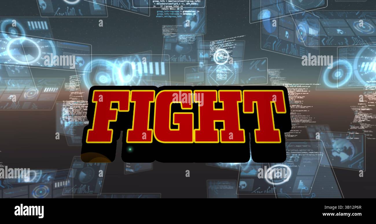 Image of fight text over scope scanning and data processing Stock Photo