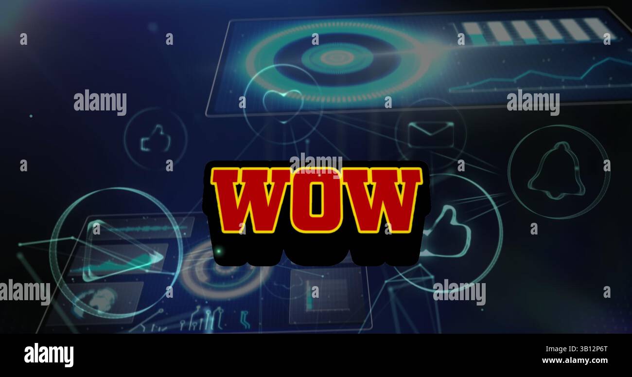 Image of wow text over icons and data processing Stock Photo