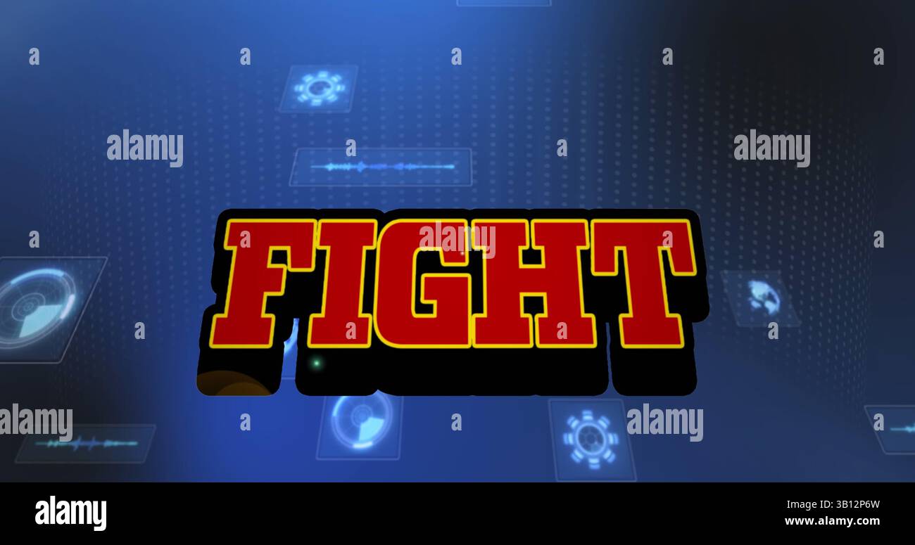 Image of fight text over scope scanning and data processing Stock Photo
