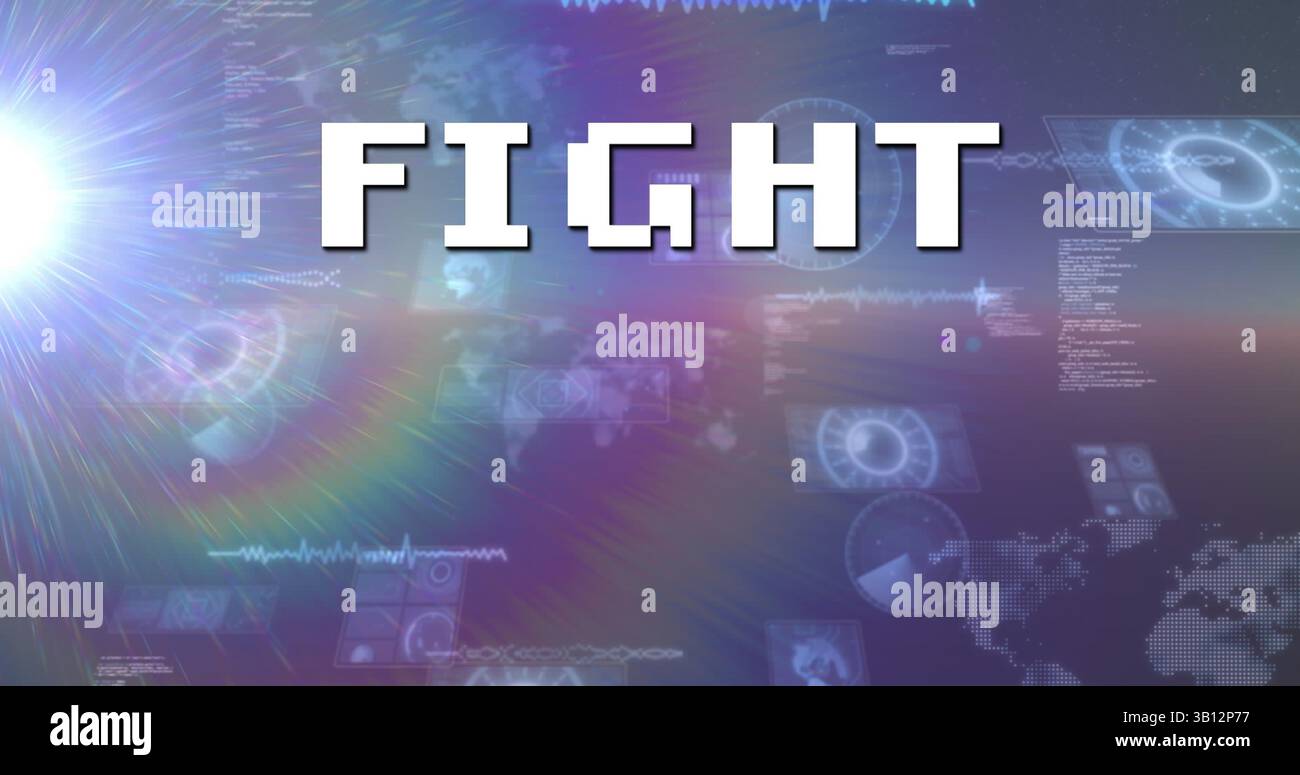 Image of fight text over scope scanning and data processing Stock Photo