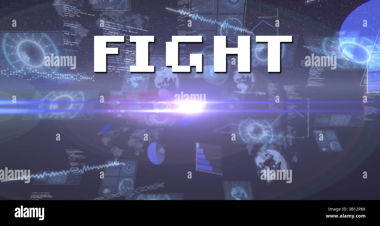 Image of fight text over scope scanning and data processing Stock Photo