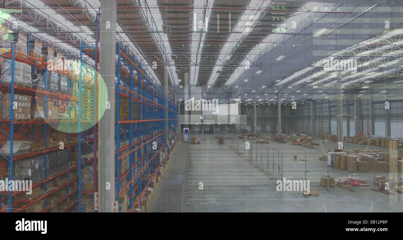 Composite image of statistical data processing against view of warehouse Stock Photo