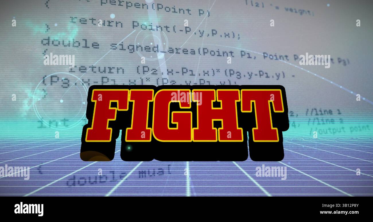 Image of fight text over data processing and metaverse Stock Photo