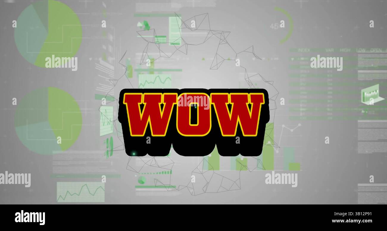 Image of wow text over data processing and shapes Stock Photo