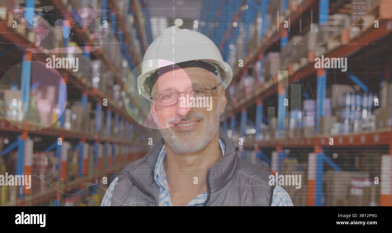 Image of statistics and data processing over smiling caucasian man working in warehouse Stock Photo