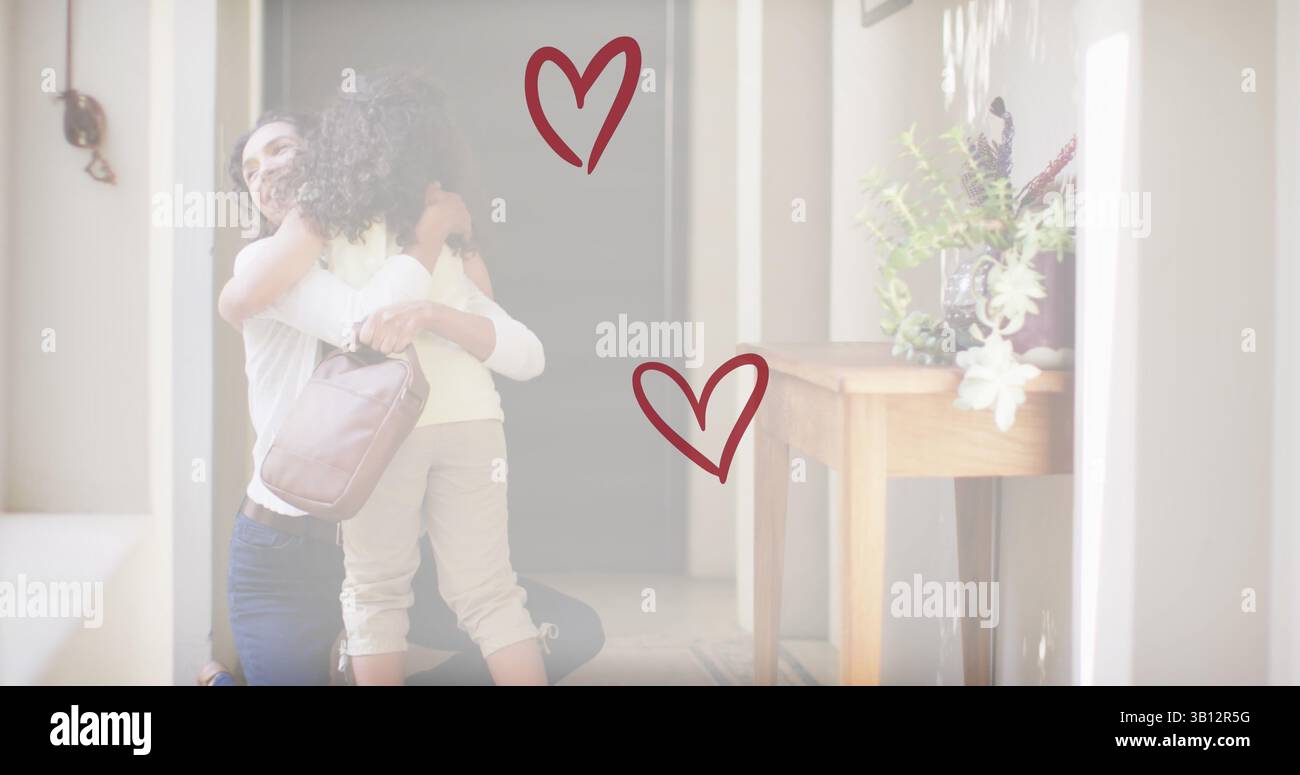 Image of falling hearts over african american mother and daughter hugging Stock Photo