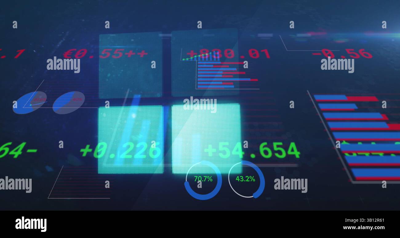 Image of financial data processing over glowing squares Stock Photo