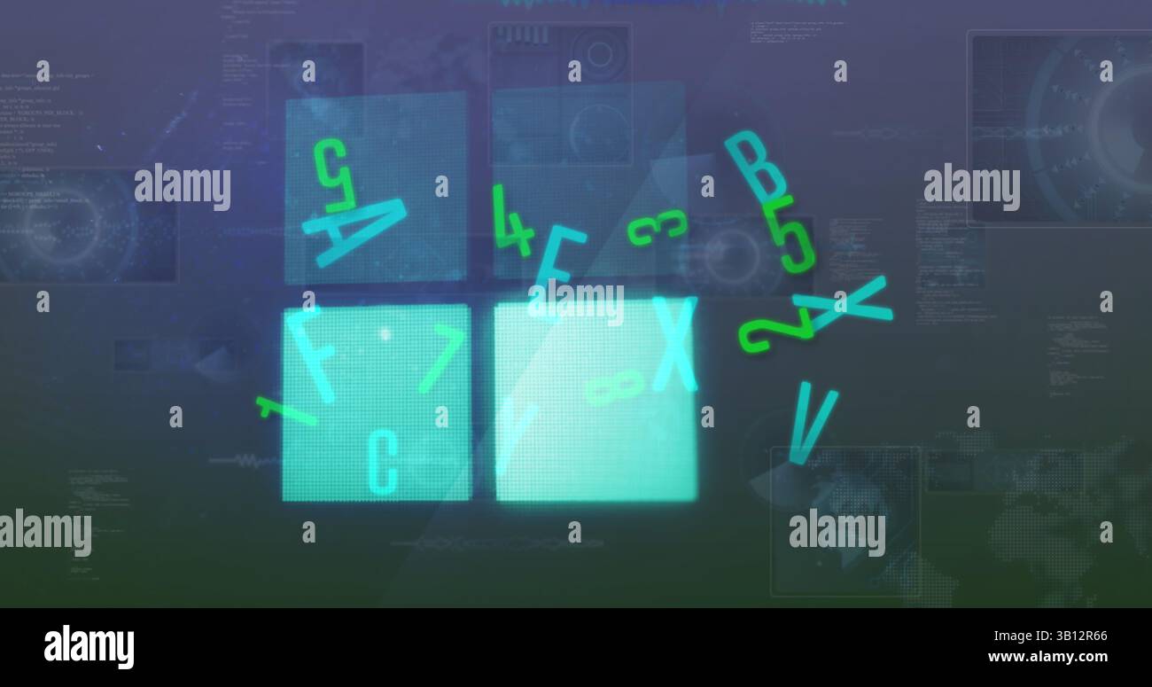 Image of letters and numbers with glowing squares over data processing Stock Photo