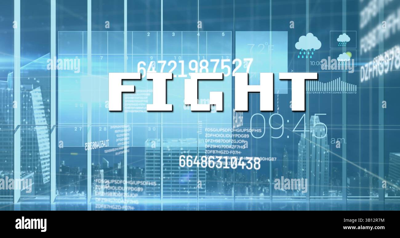 Image of fight text over data processing and cityscape Stock Photo