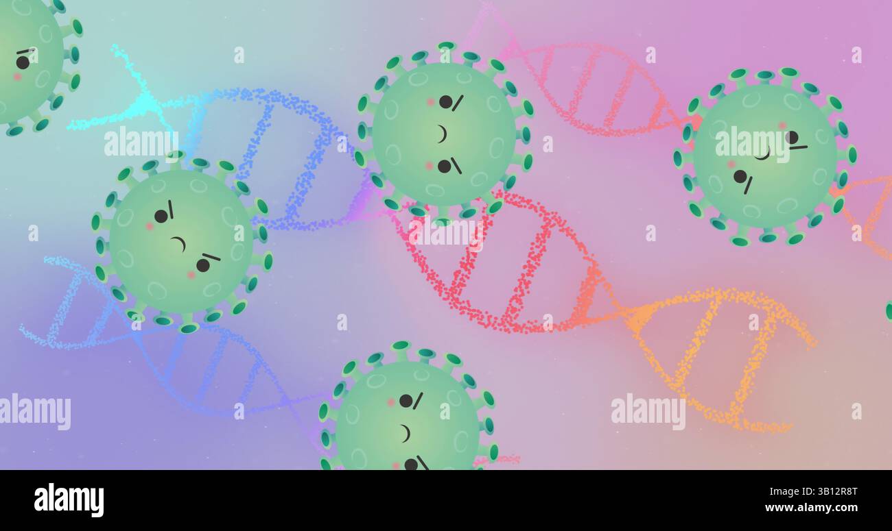 Displaying green cartoon viruses floating in pastel gradient, with colorful DNA helix strands Stock Photo