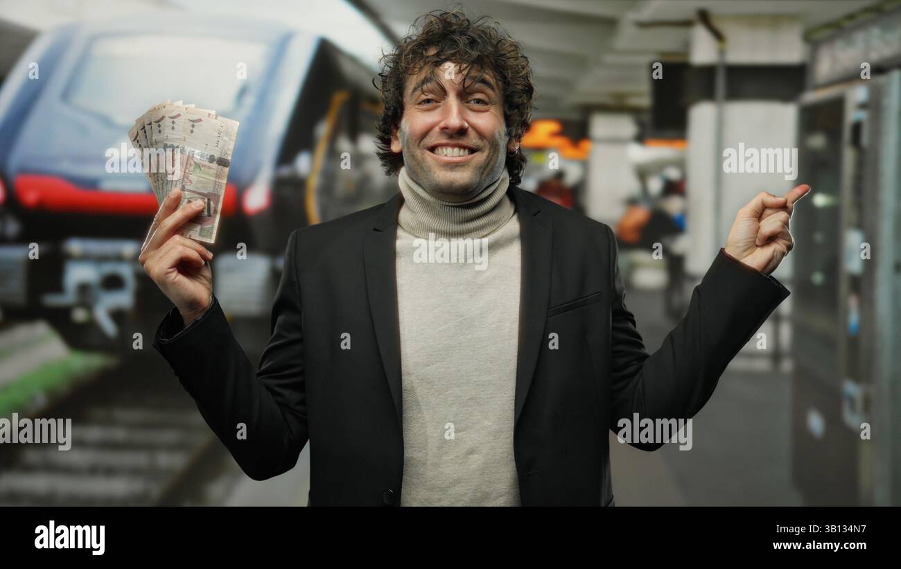 Visual Reference: Hispanic Man In Outdoor Railway Station Holding Saudi Riyals Smiling