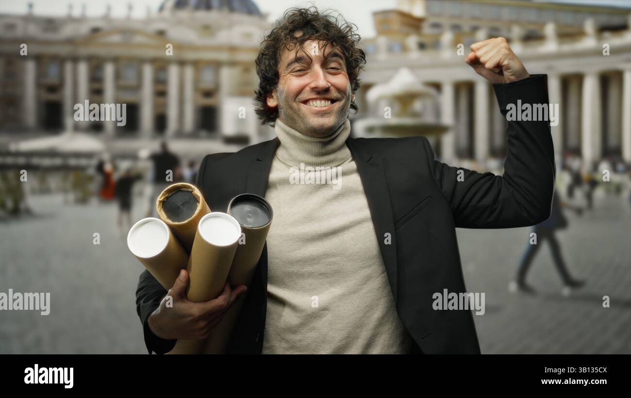 Young man smiling and flexing muscle in vatican's saint peter's square ...