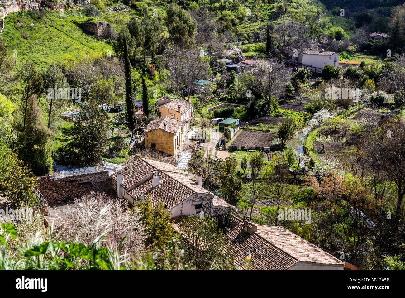 Huécar gorge with residential allotments. Cuenca, Castilla-La Mancha, Spain Stock Photo