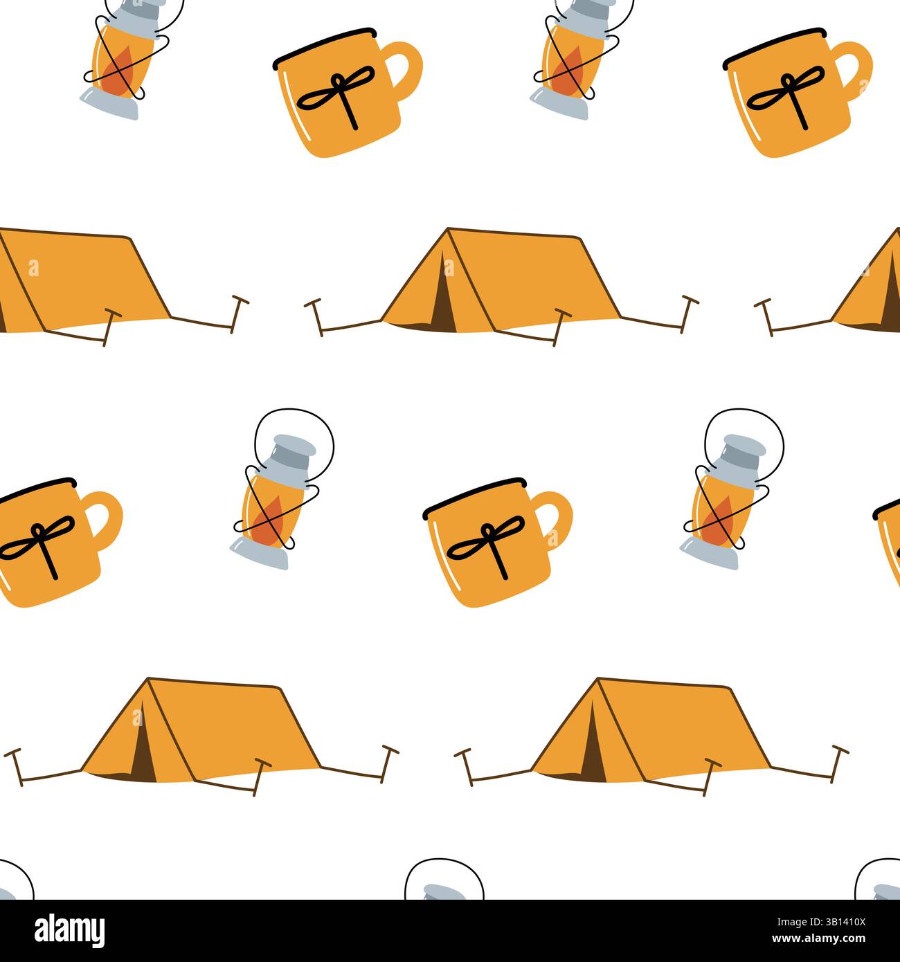 Camping seamless pattern with tent, mug and light Stock Vector
