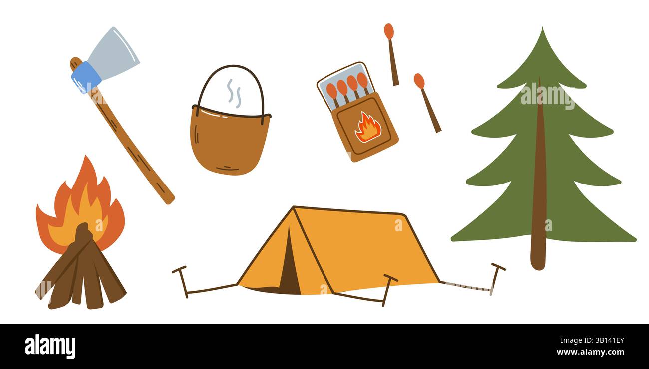Set of campfire elements. Hiking essentials. Stock Vector