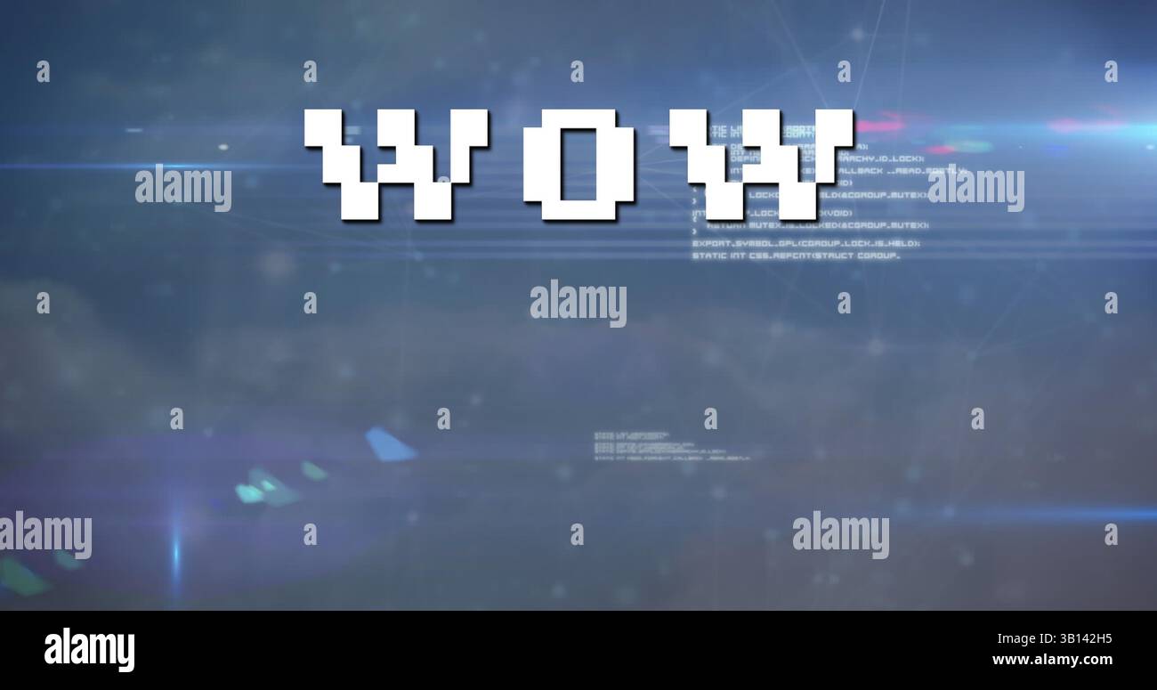 Image of wow text over data processing and sky with clouds Stock Photo