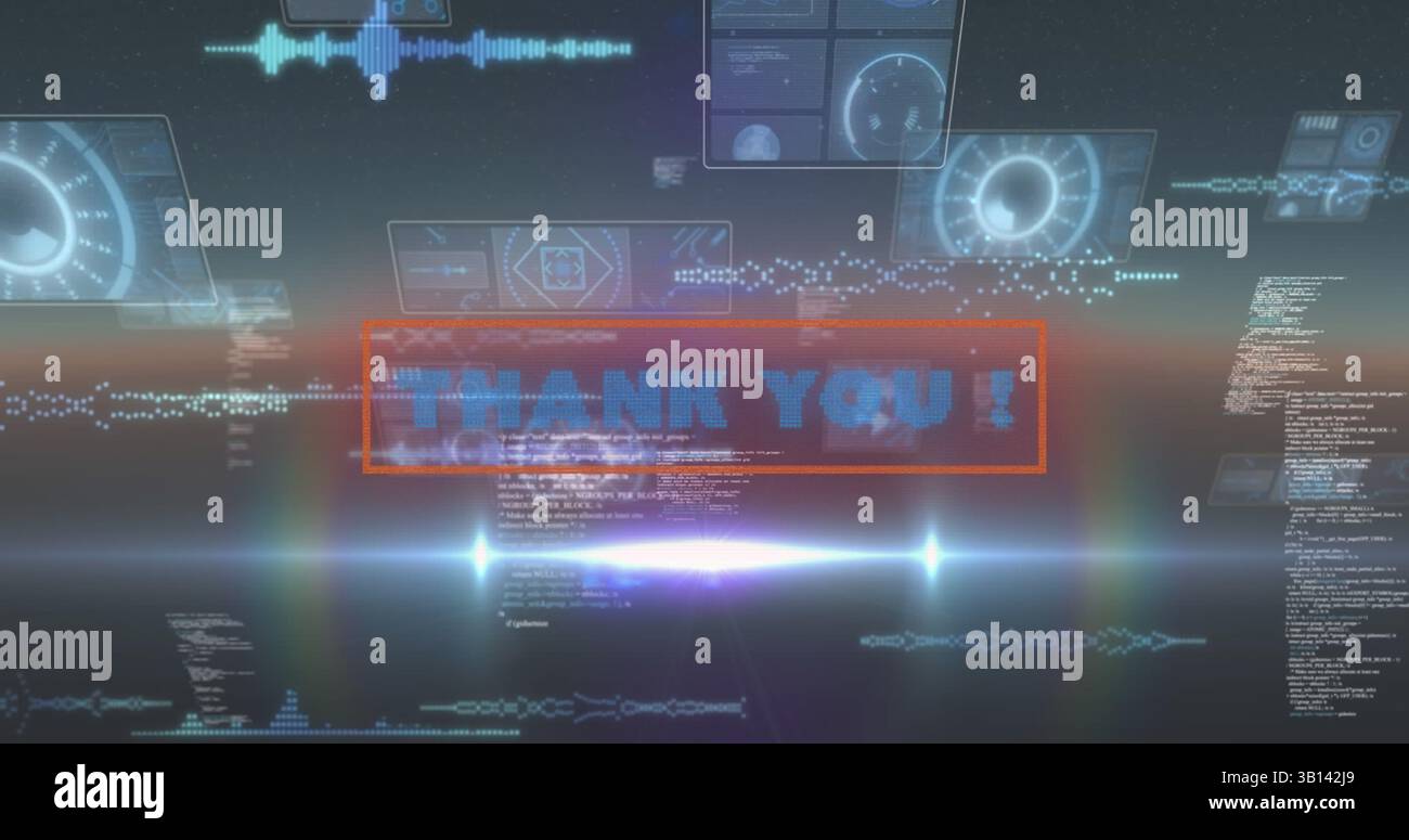Image of thank you text over scope scanning and data processing Stock Photo