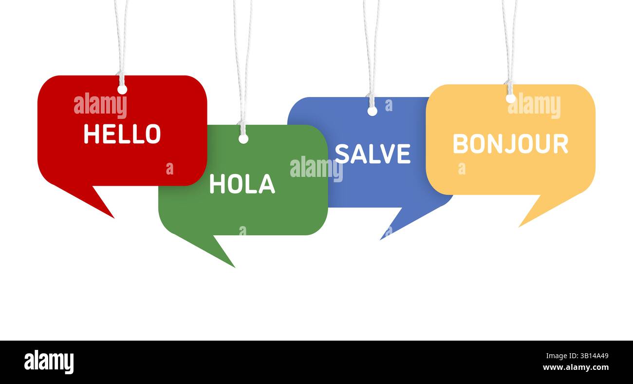Paper speech bubbles with greetings in different languages hanging on ...