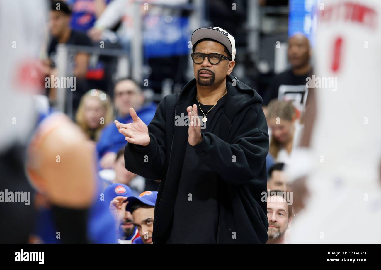 Former NBA player Jalen Rose watches the Detroit Pistons play the New York Knicks during the