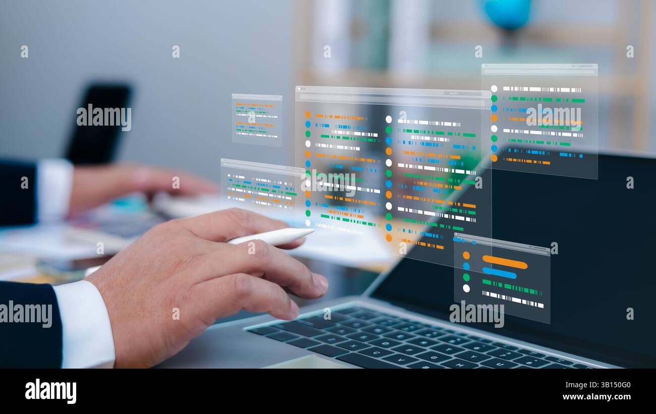 Software development concepts and programming for various devices, Chart, testing platform Data analytics, Online safety, Software Engineer Computer p Stock Photo