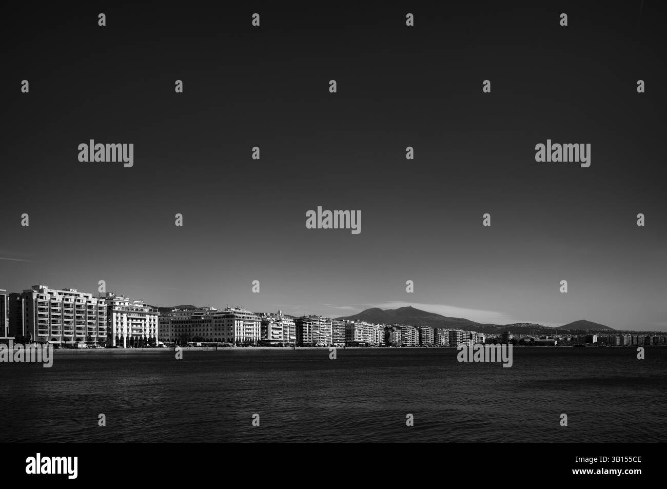 Old harbour, view of waterfront, skyline of Thessaloniki, black and white, Thessaloniki, Macedonia, Greece, Europe Stock Photo