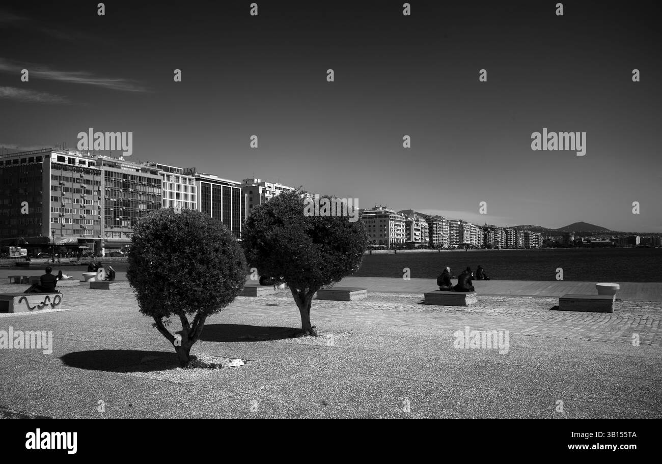 Old harbour, view of waterfront, skyline of Thessaloniki, black and white, Thessaloniki, Macedonia, Greece, Europe Stock Photo