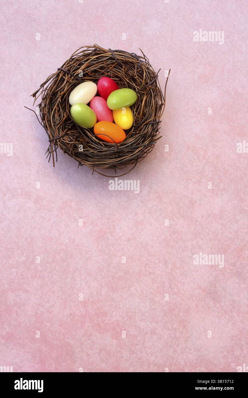 Easter nest, nest with sugar eggs Stock Photo