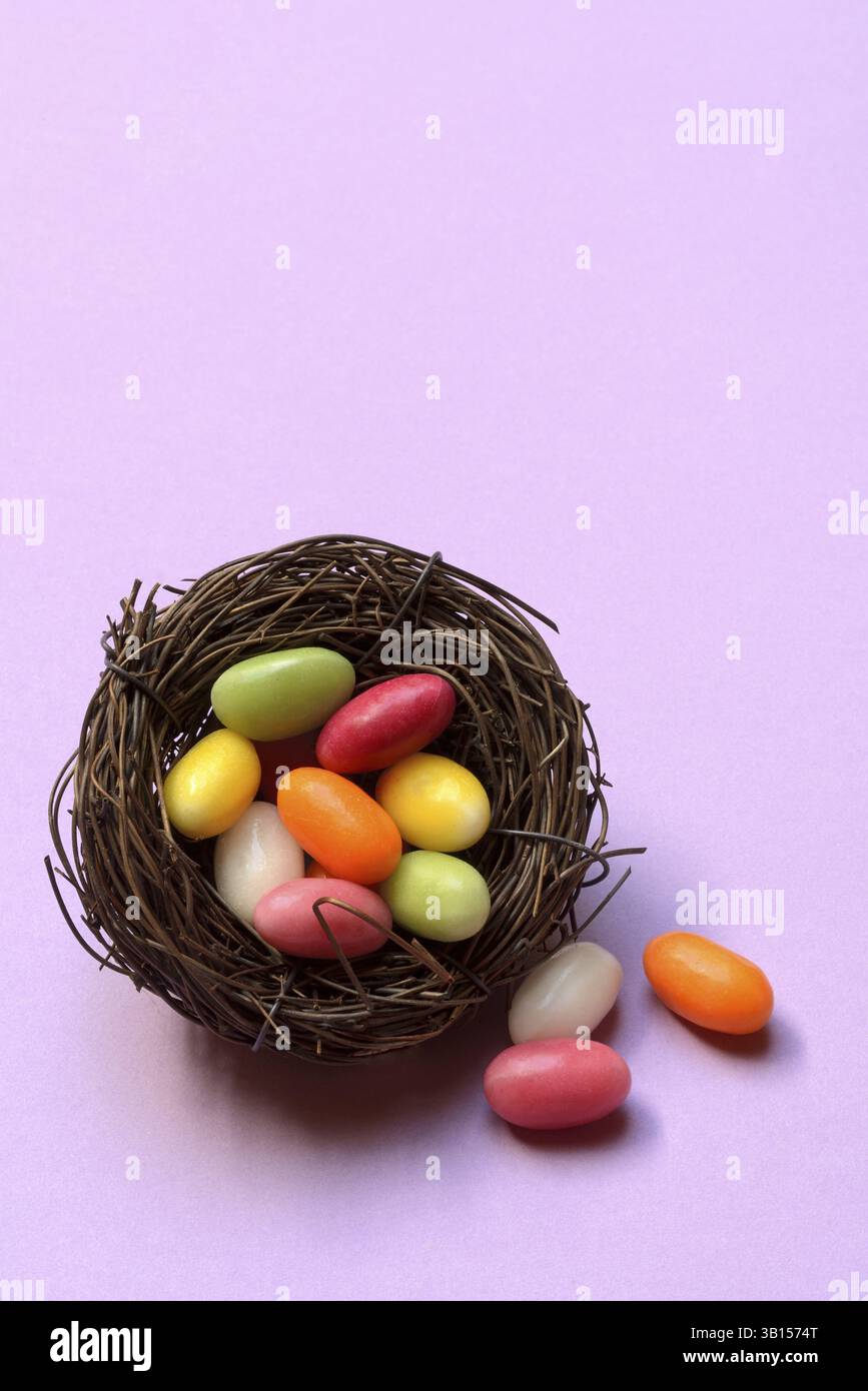 Colourful sugar eggs in Easter nest, Easter eggs in nest, Easter Stock Photo