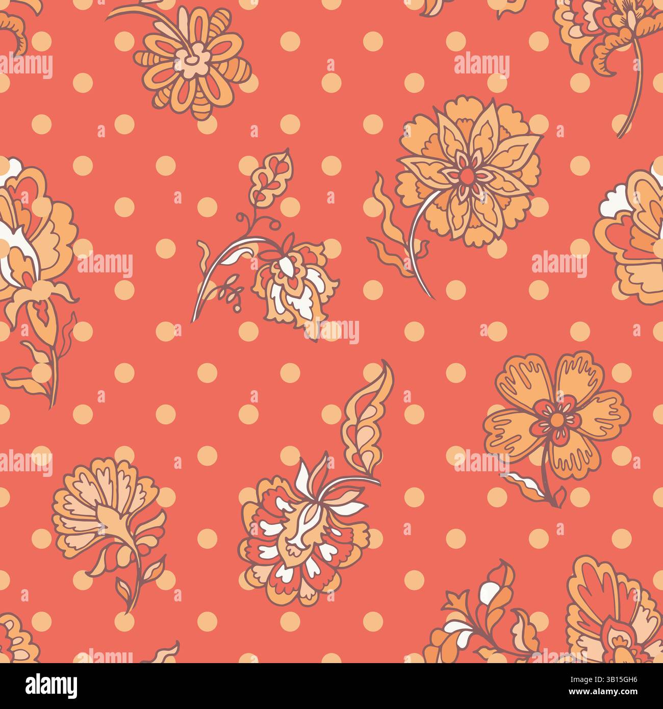 Coral Rococo Floral Dots Pattern Stock Vector