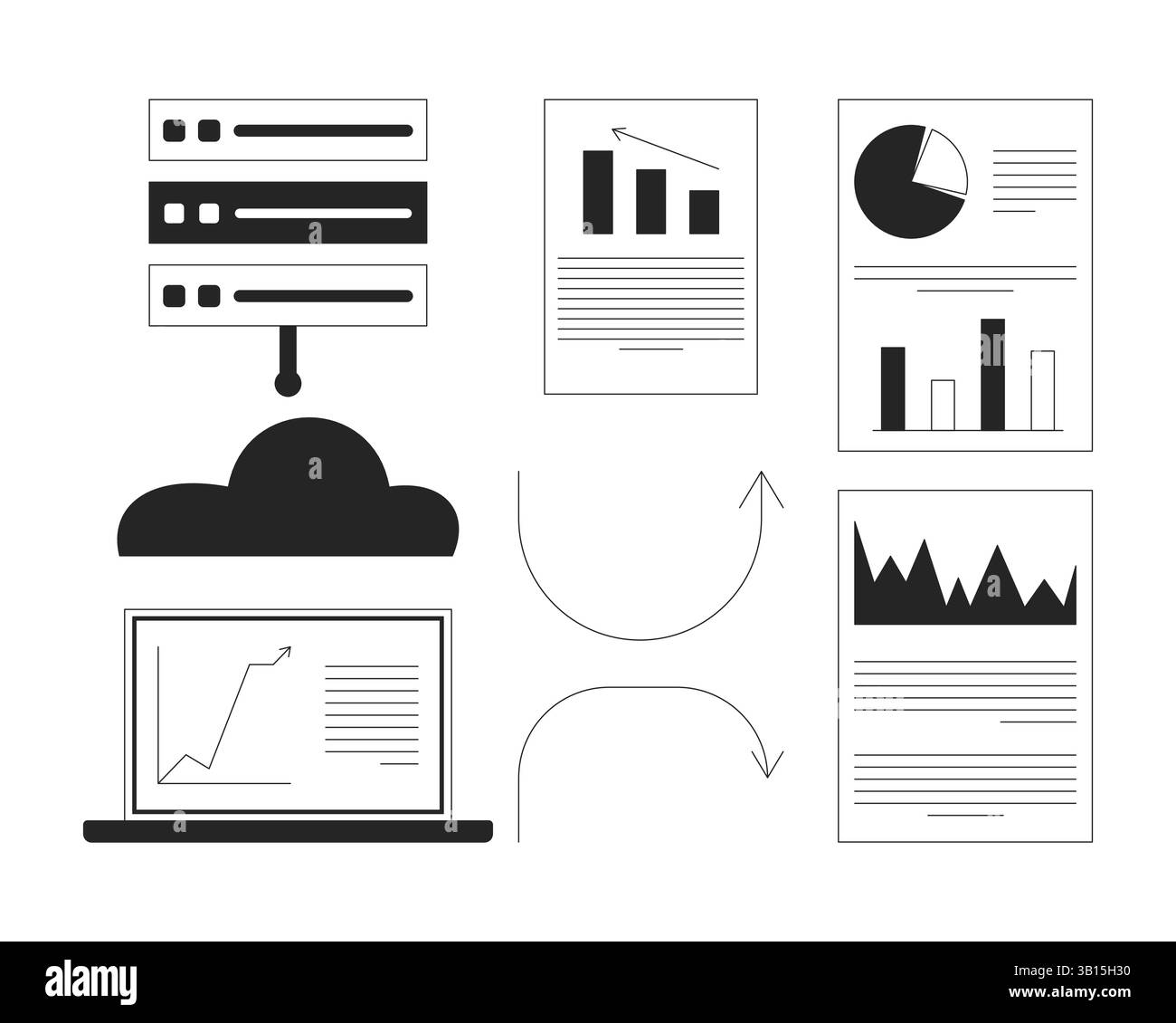 Cloud analytics and reports trend arrows 2D line objects set Stock Vector