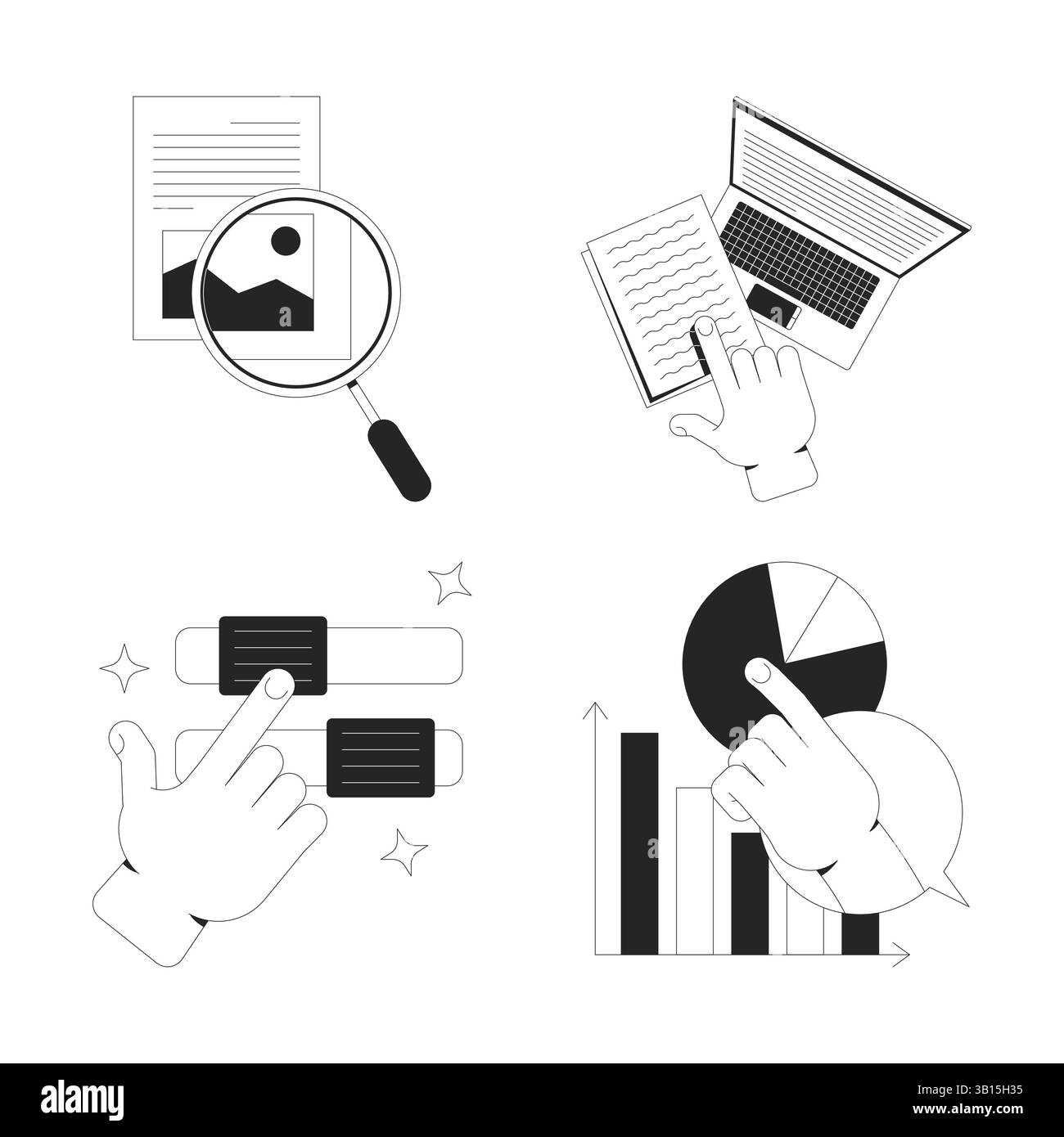 User interaction and data exploration line onboarding ui illustrations set Stock Vector
