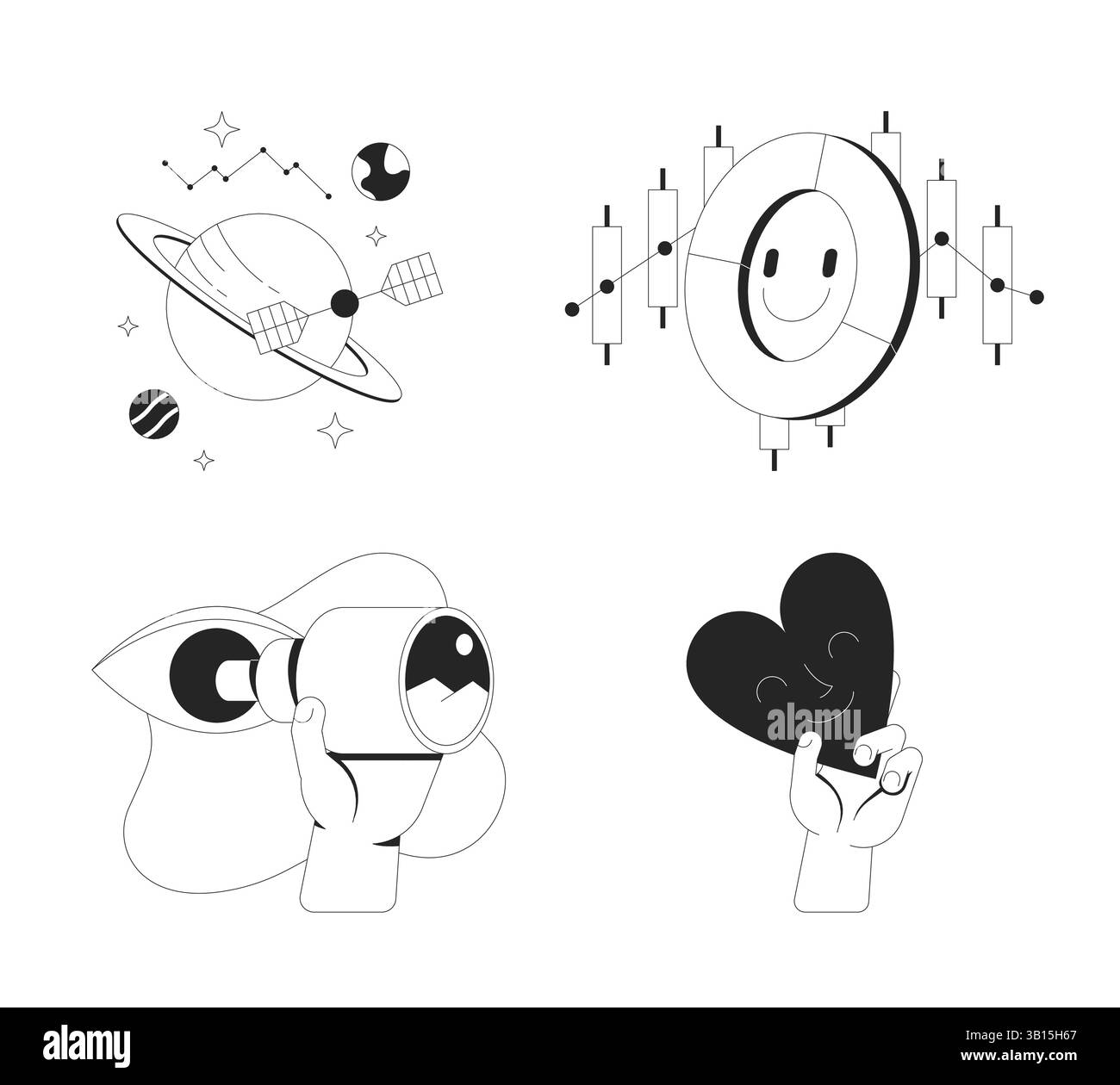 Exploration, insight and sentiment line onboarding ui illustrations set Stock Vector