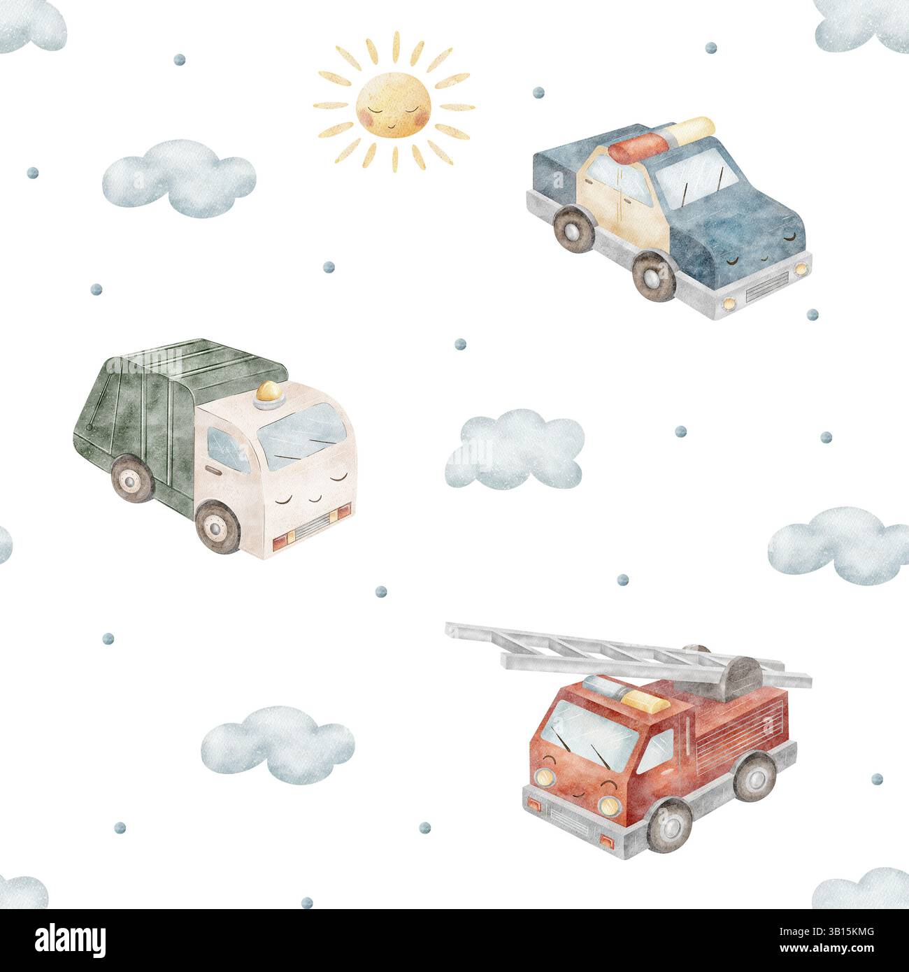 Watercolor pattern children's cars, sun in clouds. Illustration of ...