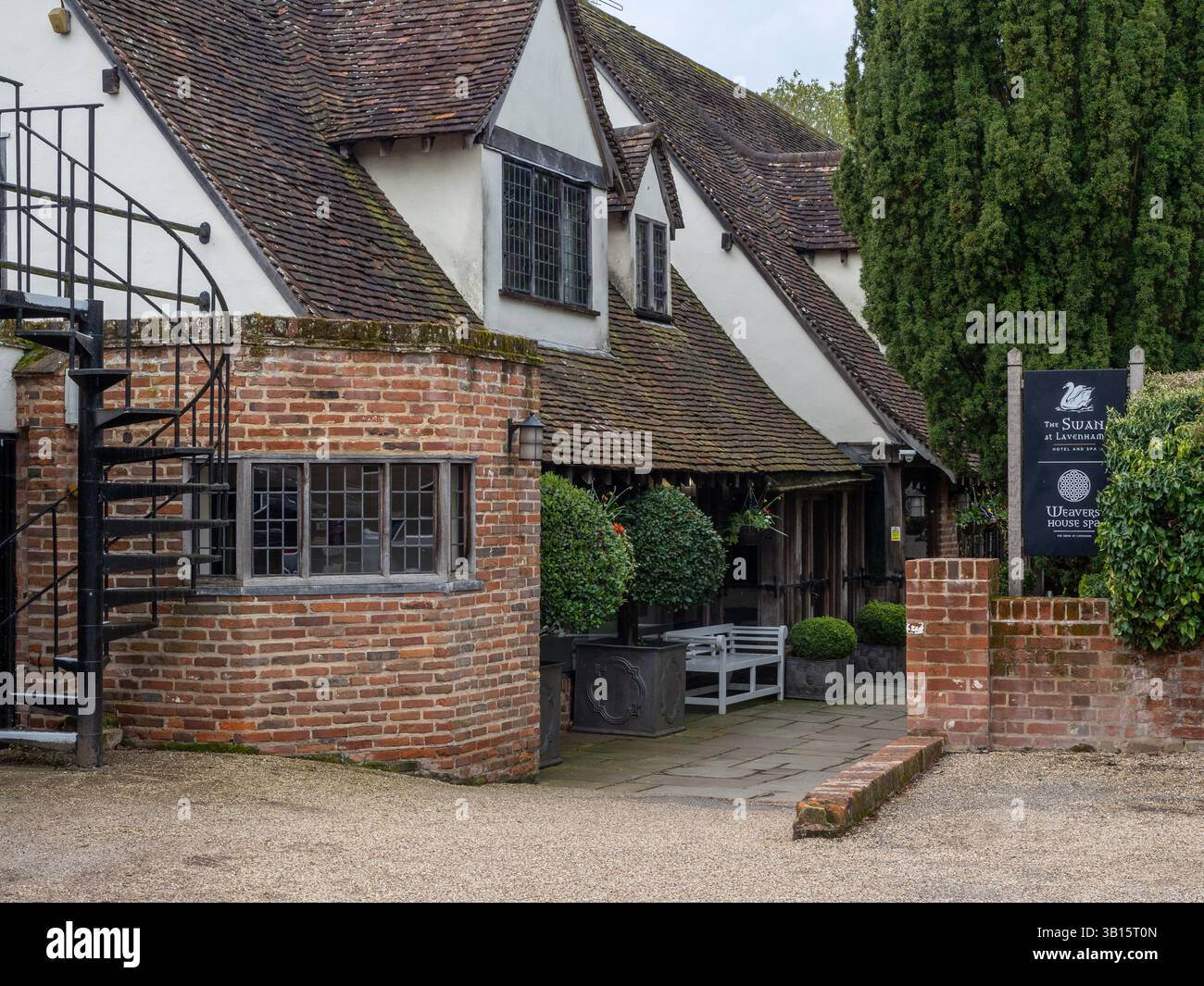The rear entrance in Lady Street to the Swan Hotel, an historic hotel and spa in the village of Lavenham, Suffolk, UK Stock Photo