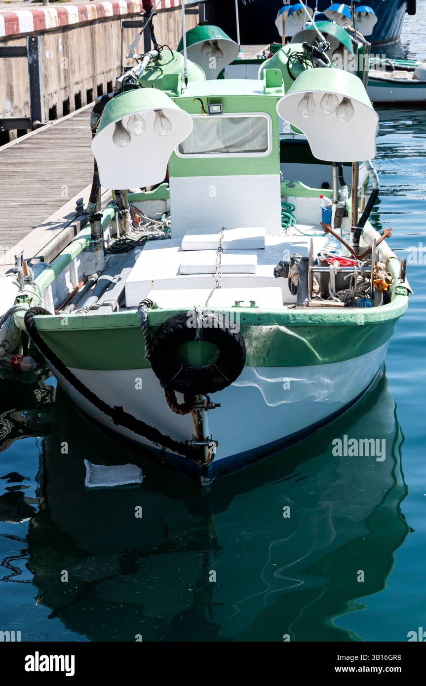 Shellfish Fishing boat in Port of Arenys, Maresme Coast, Barcelona, Spain Stock Photo