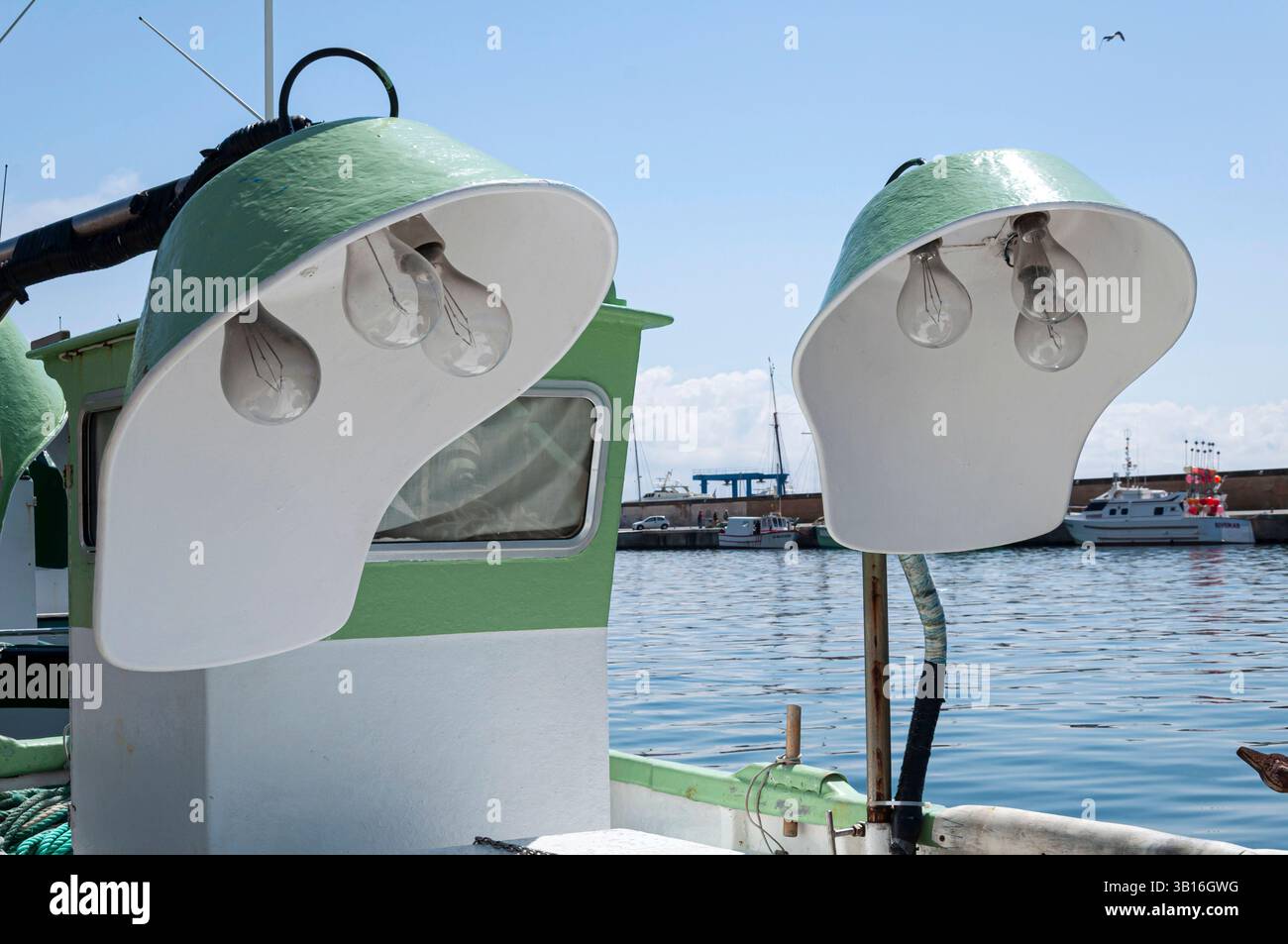 Shellfish Fishing boat in Port of Arenys, Maresme Coast, Barcelona, Spain Stock Photo