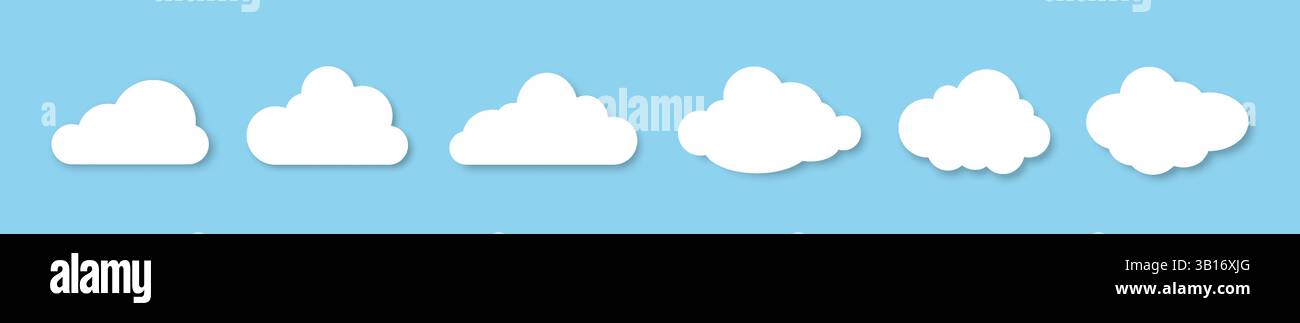 A set of fluffy clouds with a shadow on a blue background. Design elements for weather forecasting, web interface, or cloud-based data storage Stock Vector