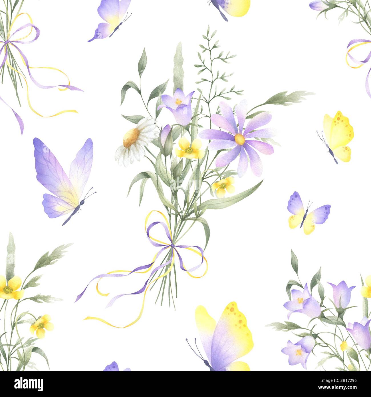 Seamless floral pattern with butterflies and bouquets of watercolor ...