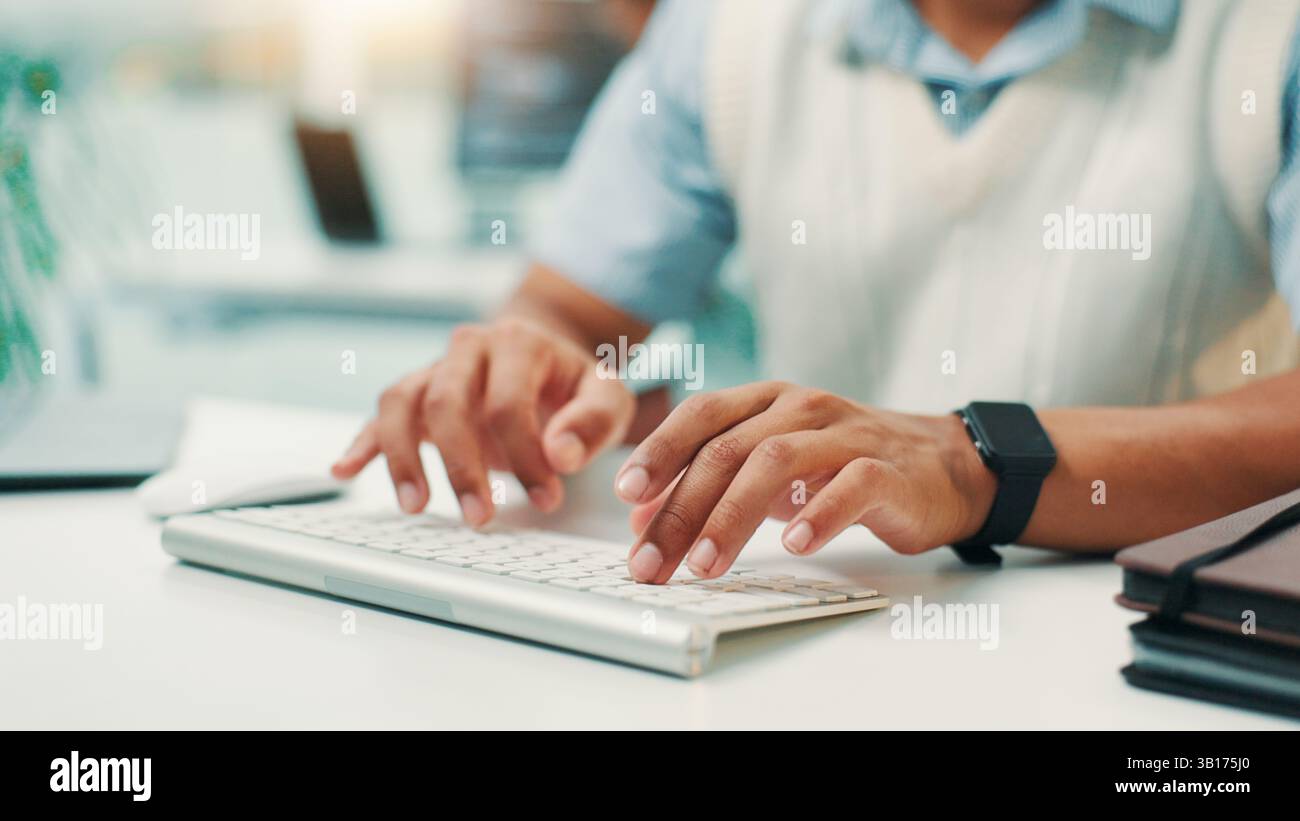 Programmer, research and hands of man with keyboard for writing code, app development and debugging. Computer, programming and typing with technology Stock Photo
