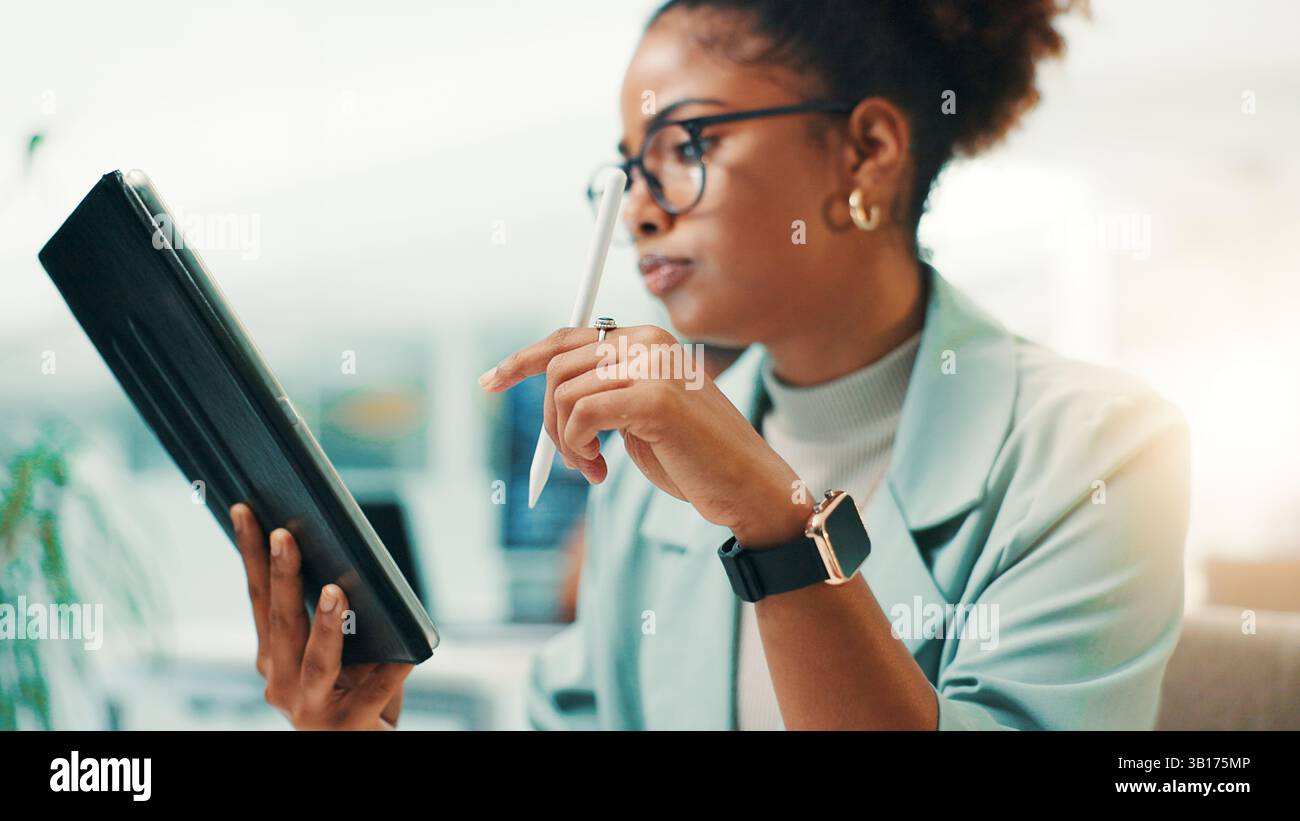 Tablet, stylus and woman in office with notes for web development, update or reading software review. Network, coding and programmer on digital app Stock Photo
