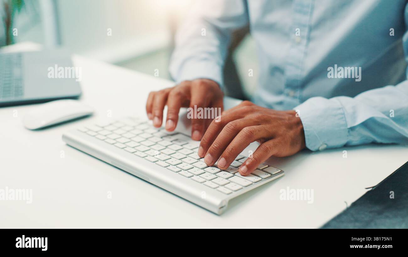 Programmer, research or hands of person with keyboard for writing code, app development and debugging. Computer, programming and typing with Stock Photo