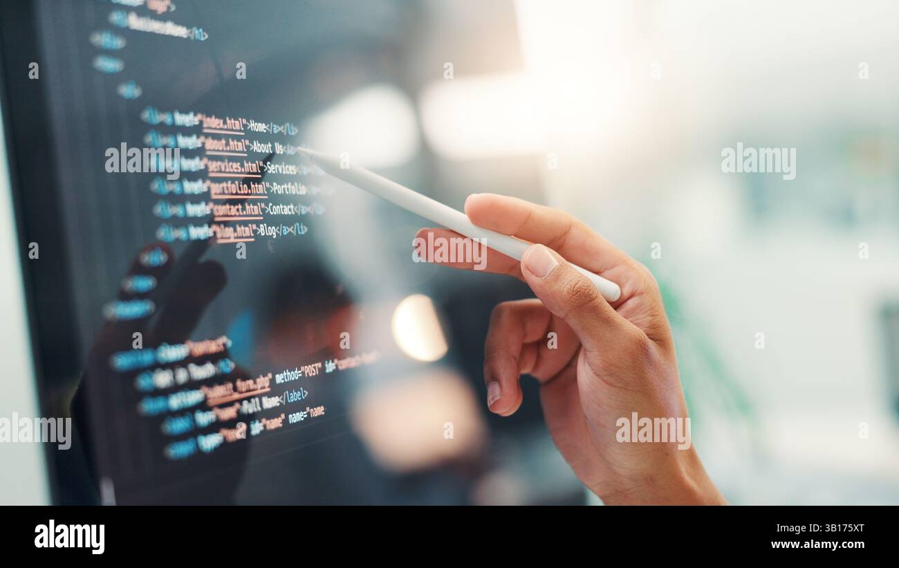 Programmer, hands or person with screen for code, app development and debugging computer. Closeup, programming and employee with technology review for Stock Photo