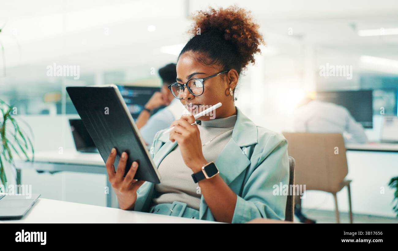 Tablet, thinking and woman in office with stylus for web development, update or reading software review. Network, coding and programmer on digital app Stock Photo