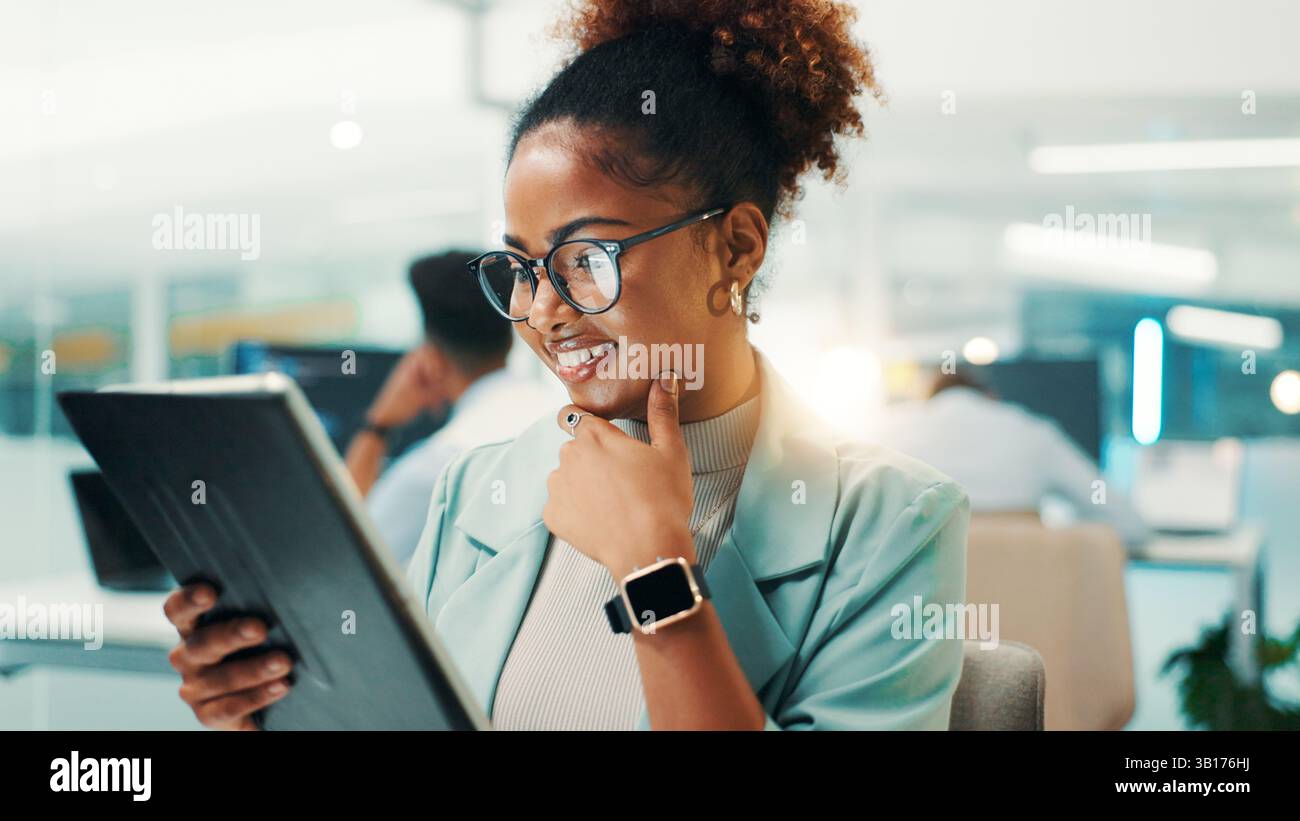 Coding, thinking and woman on tablet in office for problem solving, web development and insight. Idea, happy programmer and technology for software Stock Photo