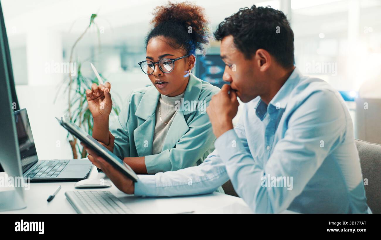 Planning, tablet and teamwork with business people in office for gaming developer, programming render and research. Coding esports prototype, design Stock Photo