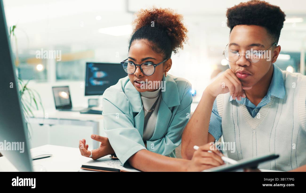 Computer, tablet and teamwork with business people in office for gaming developer, programming render and research. Coding esports prototype, design Stock Photo