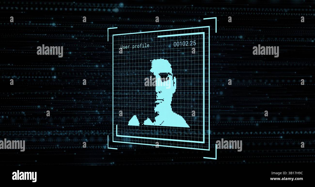 Displaying user profile window showing pixelated silhouette in cyber interface, with data streams Stock Photo